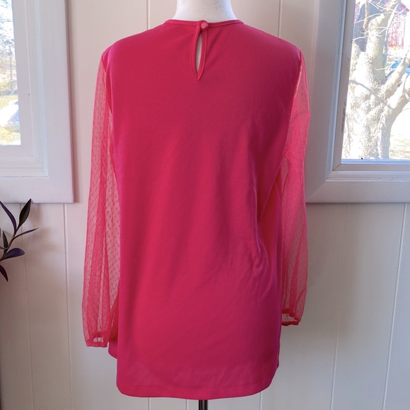 Vintage 60s 70s Hot Pink Sheer Mesh Bow Top Tunic L/XL - Picture 6 of 6
